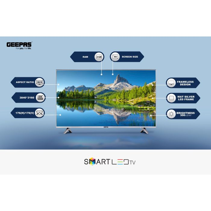 Geepas 55" Android Smart LED TV – Slim Led, 3.5mm, 2 HDMI & 2 Hi-High USB Ports | Wi-Fi, Android 7.0 With E-Share & Mirror Cast | Comes Application Like YouTube, Netflix, Amazon Prime | 1 Year Warrant