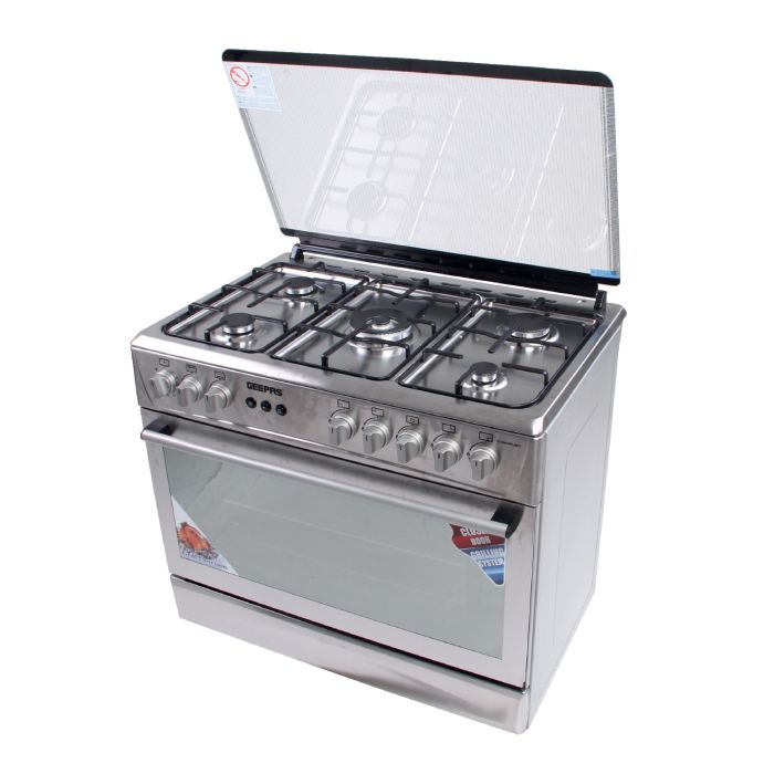 Geepas 90*60 Cm Cooking Range - 5 Gas Euro Pool Type Burners Cooling Fan Single Oven, Heavy Duty Metal Knobs Oven/Grill Function Glass Lid | Perfect For Cook, Bake & Grill
