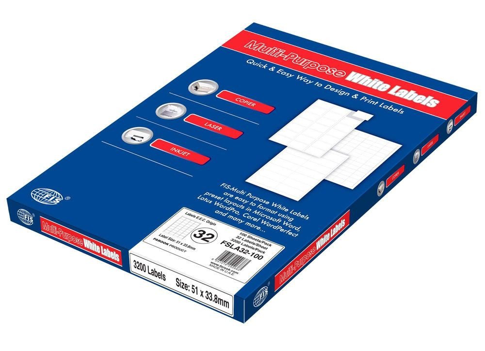 FIS Multipurpose Laser Labels, Colour White, Size 51X33.8MM, (32 Sticker x 100 Sheet) A4 Size, E.U. Origin Material - FSLA32-100