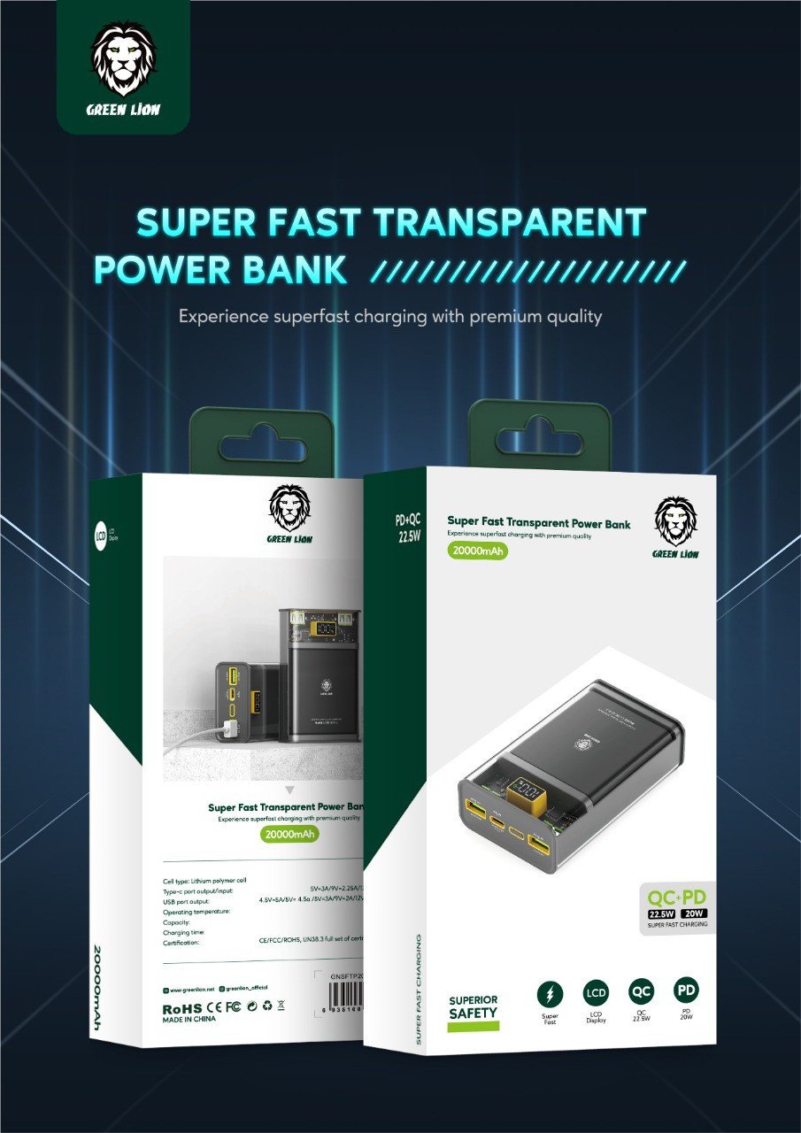 Green Super Fast Transparent Power Bank 20000mAh ( QC 22.5W + PD 20W ) - Black