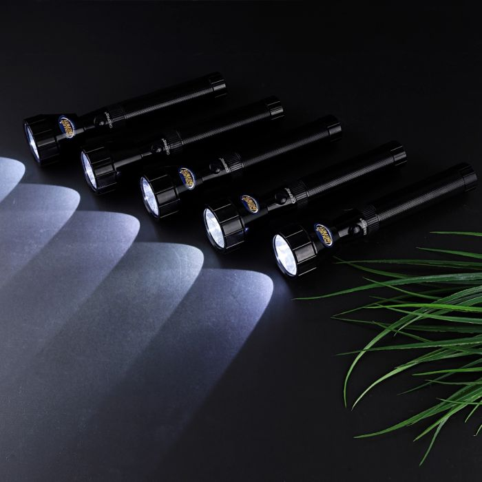 Geepas 5 In 1 Rechargeable Family Pack LED Flashlight - Hyper Bright Cool White Light 2000 Meters Range Portable Torch High Beam LED Flashlight| Life Time Warranty CREE LED