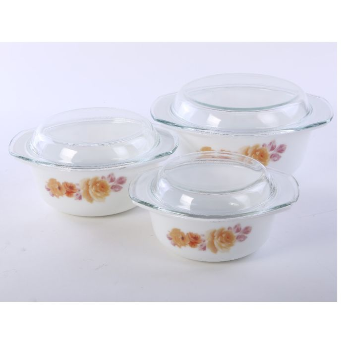 Premium 3 Pcs Opal Ware Casserole Set With Lids Tempered Glass Lids, Round Deep Serving Casseroles Bowls | Microwave & Dishwasher Safe | Ideal To Store, Reheat & Serve Multiple Dishes