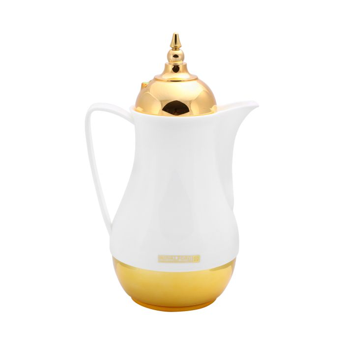 Royalford 1L 2 Pieces Vacuum Flask -Double Wall Large Drink Jug With Comfortable Handles & Lid | Juice Jug Water Pitcher Juice Cold Tea Milk Bottle Pot Container For Restaurants Home (White & Gold)