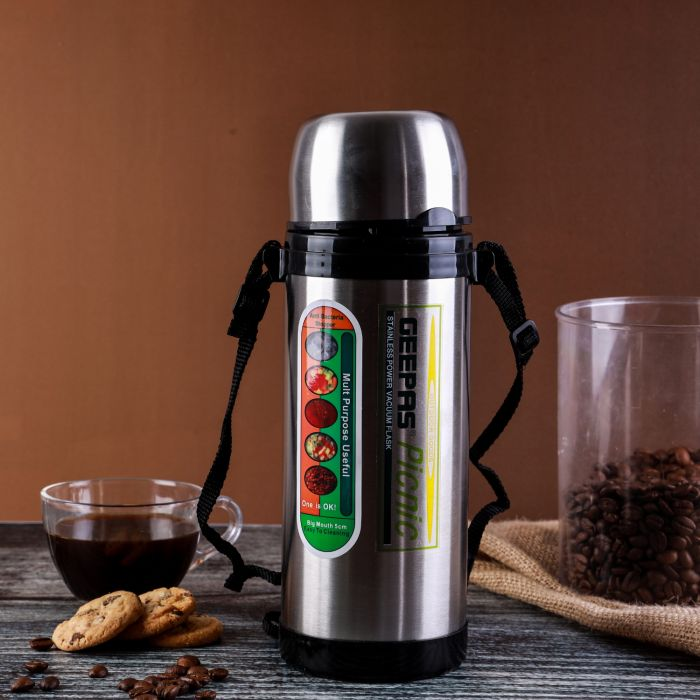 Geepas Vacuum Flask, 0.8L | Stainless Steel Vacuum Bottle Keep Hot & Cold Antibacterial Topper & Cup - Perfect For Outdoor Sports, Fitness, Camping, Hiking, Office, School