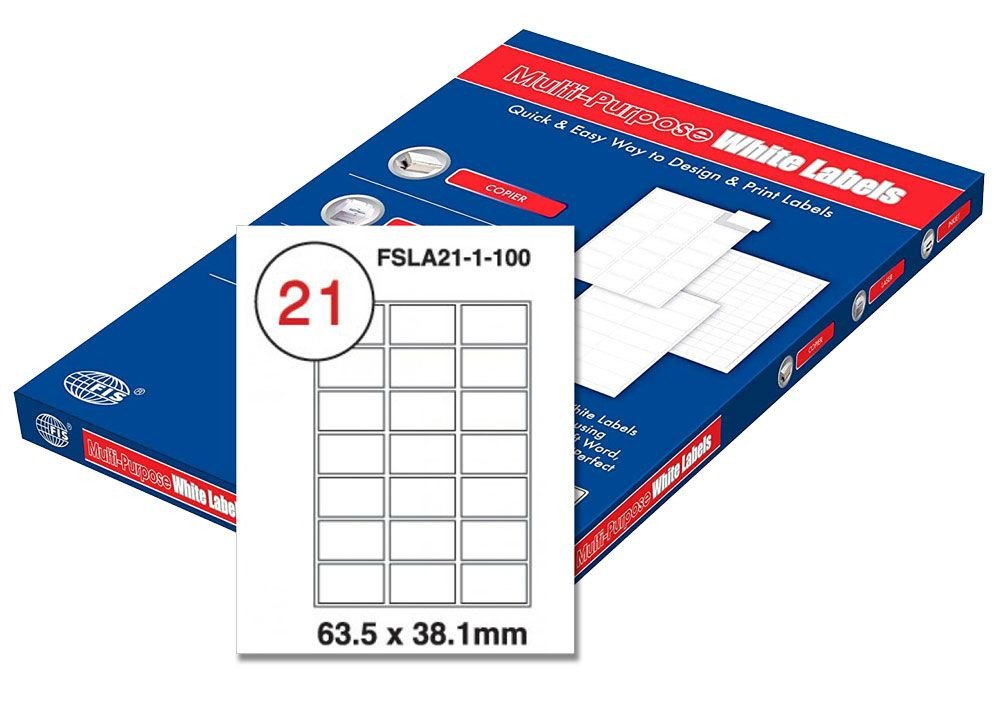 FIS Multipurpose Laser Labels, Colour White, Size 63.5X38.1MM, (21 Sticker x 100 Sheet) A4 Size, E.U. Origin Material - FSLA21-1-100