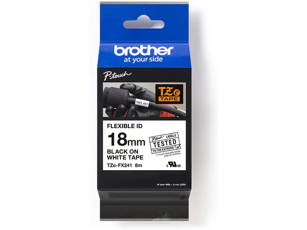 Brother TZe-FX241 Laminated Flexible Tape Black on White 18mm x 8mm