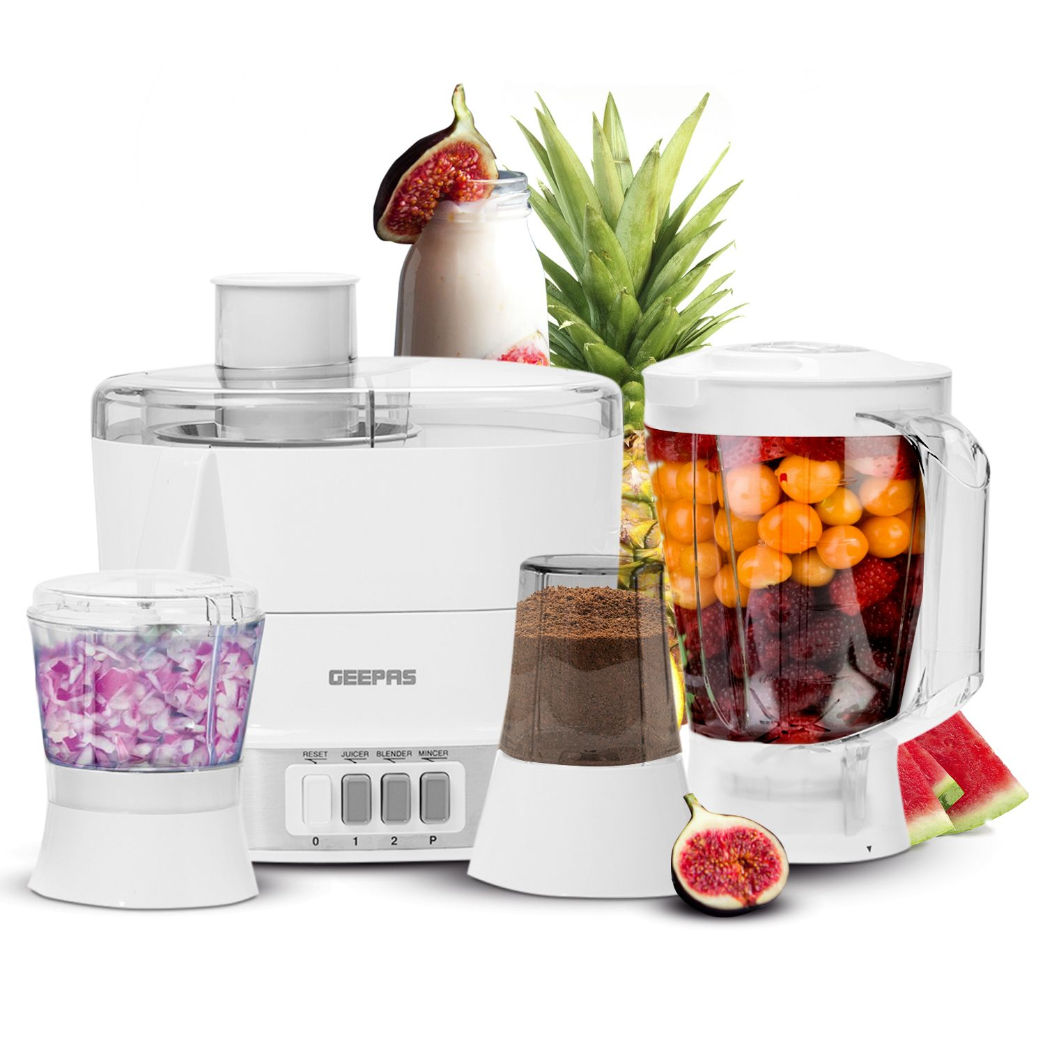 Geepas GSB44026UK 4-In-1 Food Processor & Juicer | Multifunctional Smoothie Maker, Juicer, Compact Electric Blender, Chopper & Grinder | 1.5L Jug, 2-Speed Pulse Function For Ice Crusher | 800W - 2 Yea