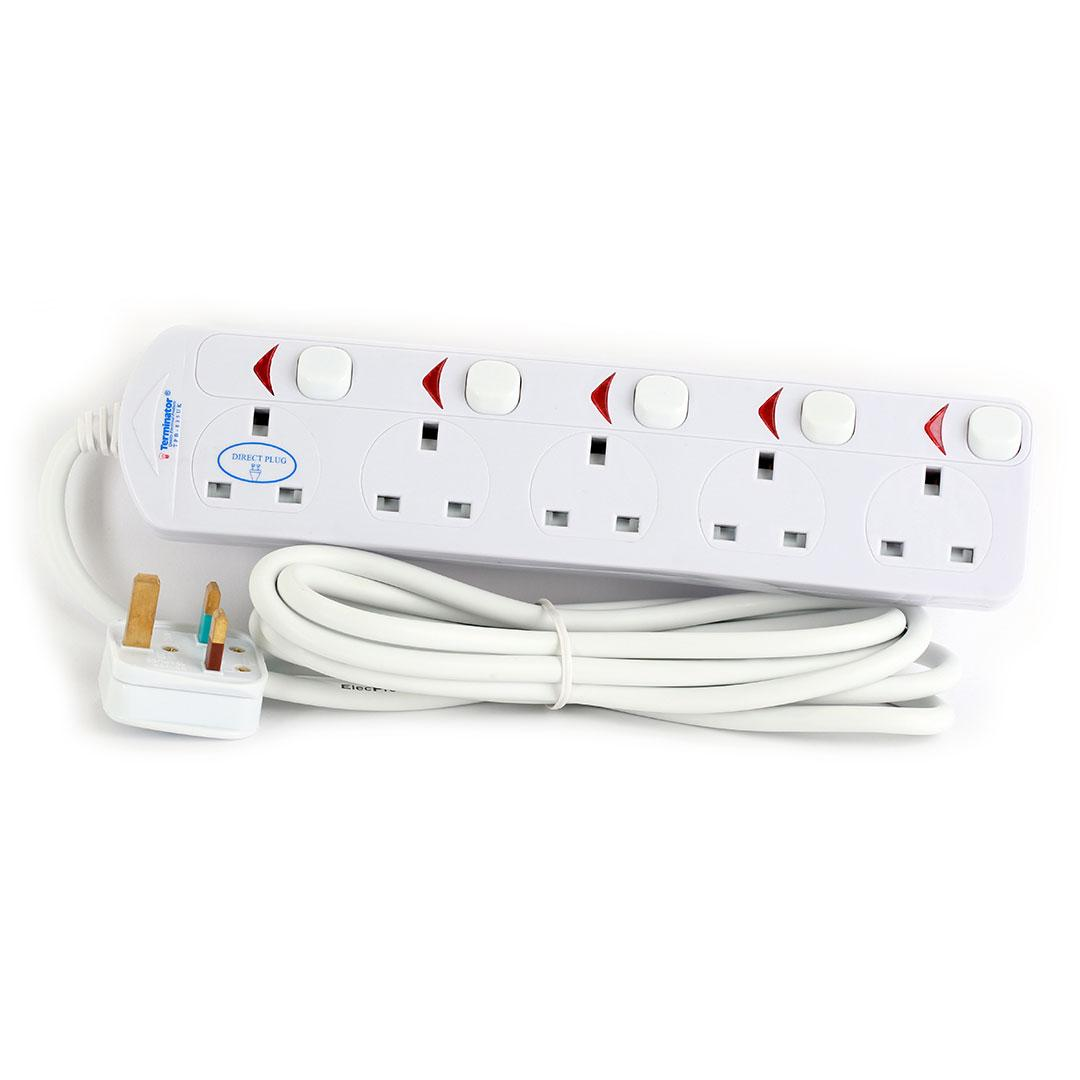 5 Way UK Power Extension Socket With Individual Switches 5M 1.25mm2 Cable 13A Plug