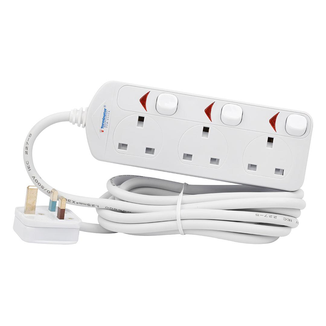 3 Way UK Power Extension Socket With Individual Switches 5M 1.25mm2 Cable 13A Plug