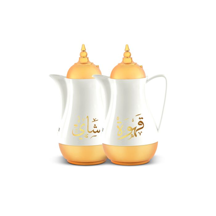 Royalford 1L 2 Pieces Vacuum Flask -Double Wall Large Drink Jug With Comfortable Handles & Lid | Juice Jug Water Pitcher Juice Cold Tea Milk Bottle Pot Container For Restaurants Home (White & Gold)