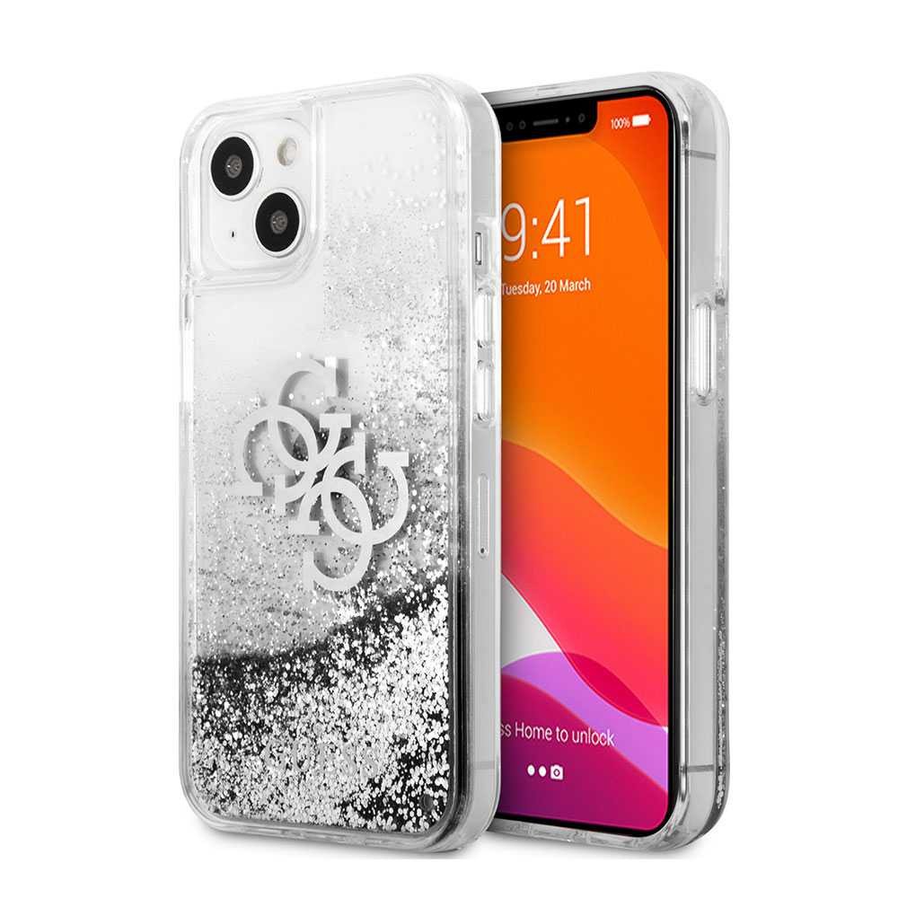 Guess Liquid Glitter Case 4G Electroplated Logo For iPhone 13 Mini (5.4") - Silver
