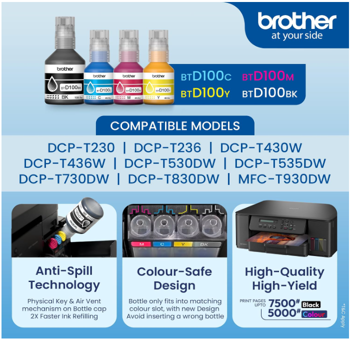 Brother Genuine BTD100C Ultra High Yield Cyan Ink Bottle, 5,000 Page