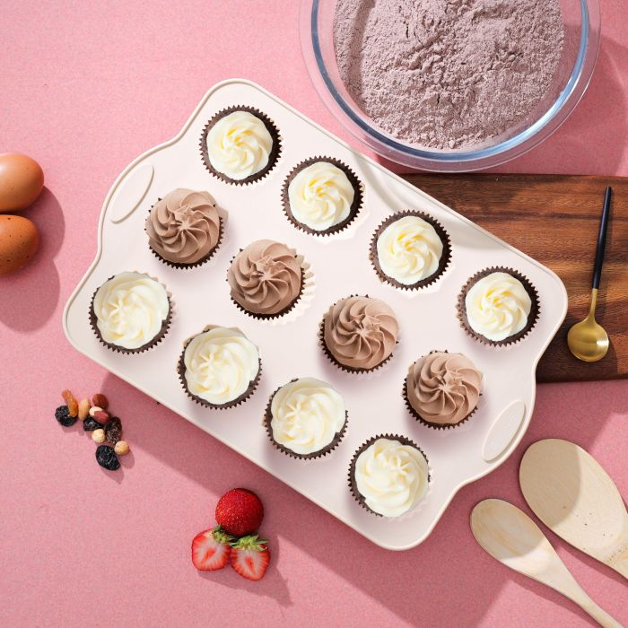 Royalford RF9800 Muffin Pan Beige 12 Cup (34x22 Cm) - Cupcake Tray/Baking Pan - Silicone Build, Easy Release Mince Pie/Cupcake Tin - Ideal For Cupcakes Muffin Pie Yorkshire Pudding Baking