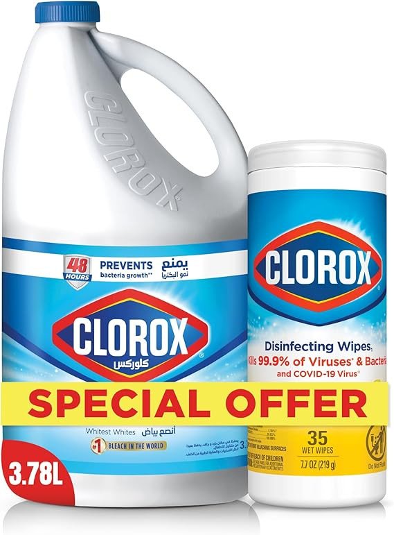 Clorox Bleach Liquid Original Scent 3.78L and Clorox Disinfecting Wipes, 35 Wet Wipes, Crisp Lemon, Special Offer