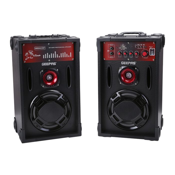 Geepas 6.5" 2- Channel Professional Speakers - Tweeters, Adjustable Master Volume/Bass/Treble Knob, Wireless Microphone, FM With USD & SD Ports | Ideal For Quiz Nights, Discos, Singing, Karaoke & More