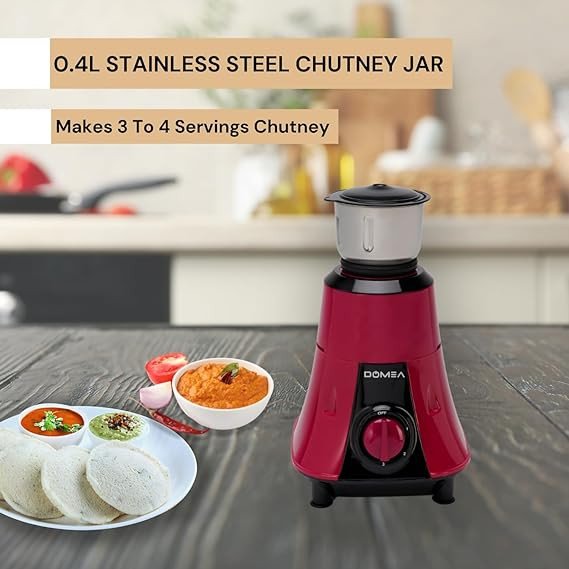DOMEA Mixer Grinder, 550 Watts, Stainless Steel, 2 Jars, 3 Speed + Pulse, 1.5L Liquid Jar, 400ml Chutney Jar
