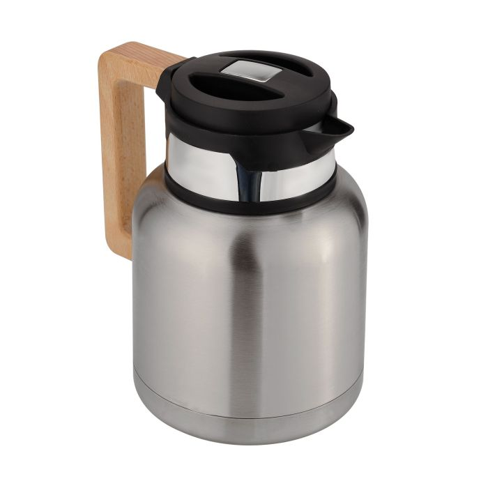 Royalford Stainless Steel Vacuum Jug With Wooden Handle, 1L, RF10169 | Thermal Insulated Airpot | Keep Drinks Hot & Cold Up To Hours | Portable & Leak Proof Thermal Flask