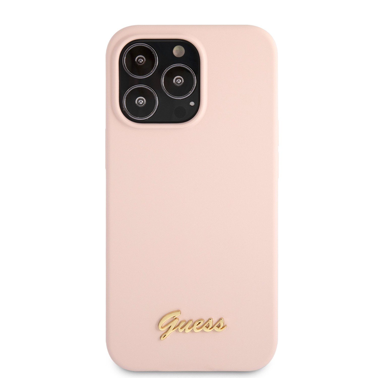 Guess Liquid Silicone Case With Gold Metal Logo Script For iPhone 13 Pro (6.1") - Pink