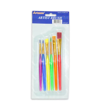 Artmate Artist Brushes Assorted Colors, 6 Brushes, Plastic Handle In Blister Pack - Jiabbt-6-b