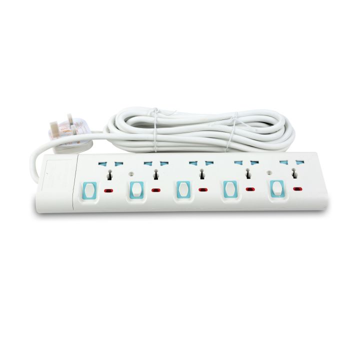 Geepas GES5802 5 Way Extension Socket - Extension Lead Strip With 5 Led Indicators & 5 Power Switches | Extra Long 5m Cord With Over Current Protected | Ideal For All Electronic Devices | 2 Years Warr
