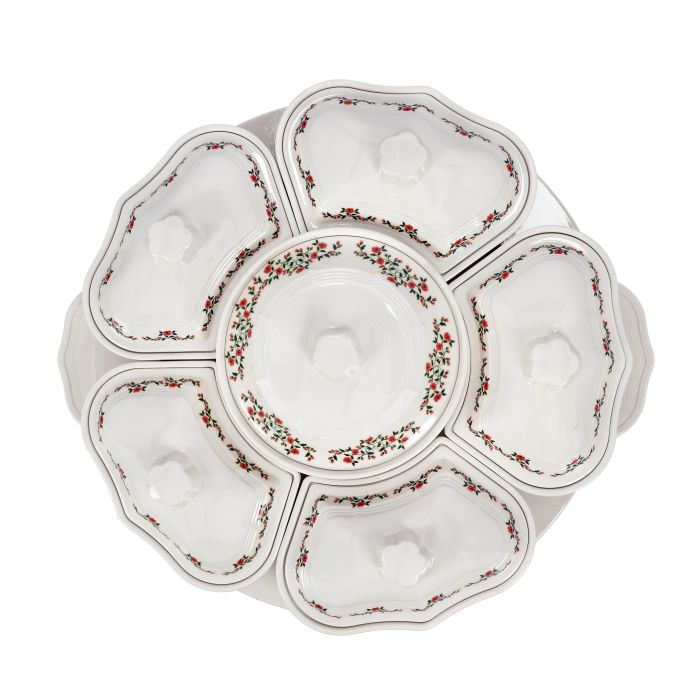 Royalford RF9993 14Pcs Revolving Serving Tray - Appetizer And Condiment Server Divided Serving Dishes With Lids | Perfect For Chips, Dip, Veggies, Curries, Candy, Snacks & More