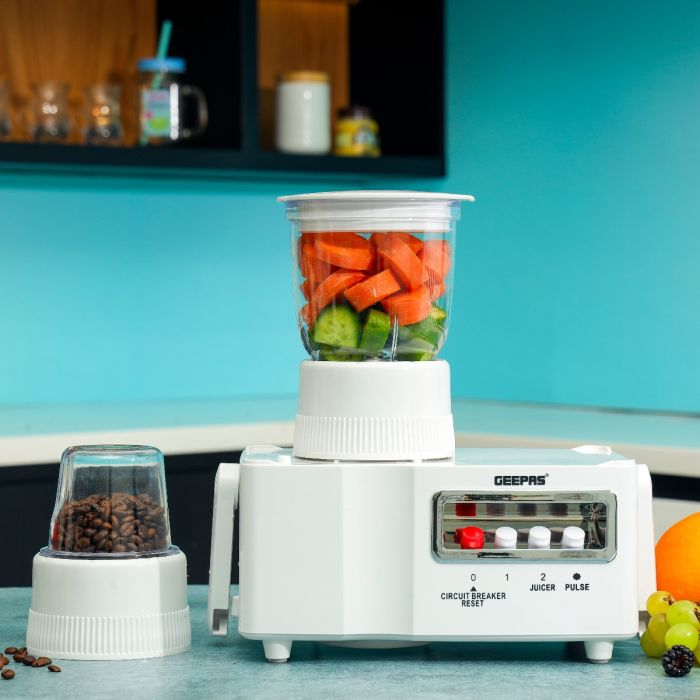Geepas 650W 4-In-1 Food Processor- GSB6147| Transparent Plastic Jar With Stainless Steel Blades For Blending, Mincing And Milling Function| Overheat And Overload Protection| Unique Detachable Parts An