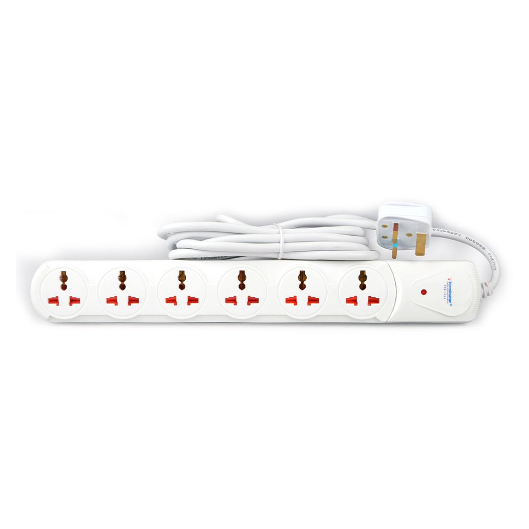 6 Way Universal Power Extension Socket 1.25mm2 Cable Single LED Off White Body 3M Cable 13A Plug