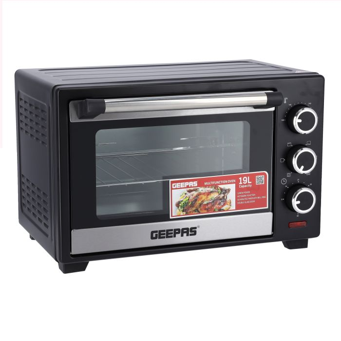 Geepas GO34044 19L Electric Kitchen Oven - Powerful 1280W With Crumb Tray, 60 Minutes Timer & Rotisserie & Convection Function | 6 Selectors For Baking & Grilling | 4 Accessories Included