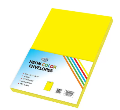 FIS Color Envelopes Peel & Seal, Neon Colors, Pack of 50 Pcs. Lemon Color, 10 x 7 Inch, 80 GSM - FSEC8033PBLE50