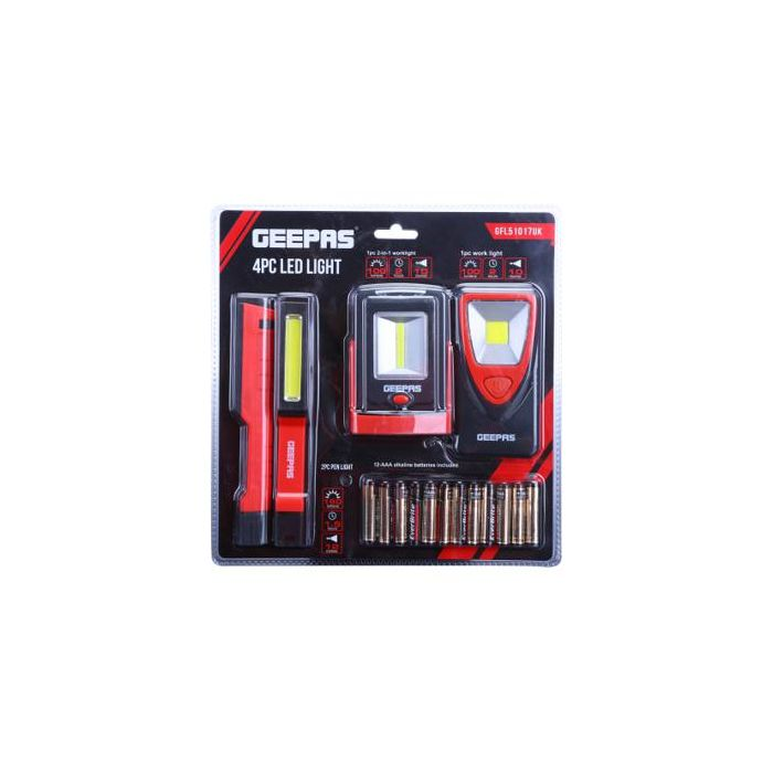 Geepas 4 PC Led Light - 1 Piece 2-In-1 Work Light With Stand, 1 Piece Work Light And 2 Piece Penlight - Cordless Work Light, Mini Penlight, Pocket-Size Flashlight