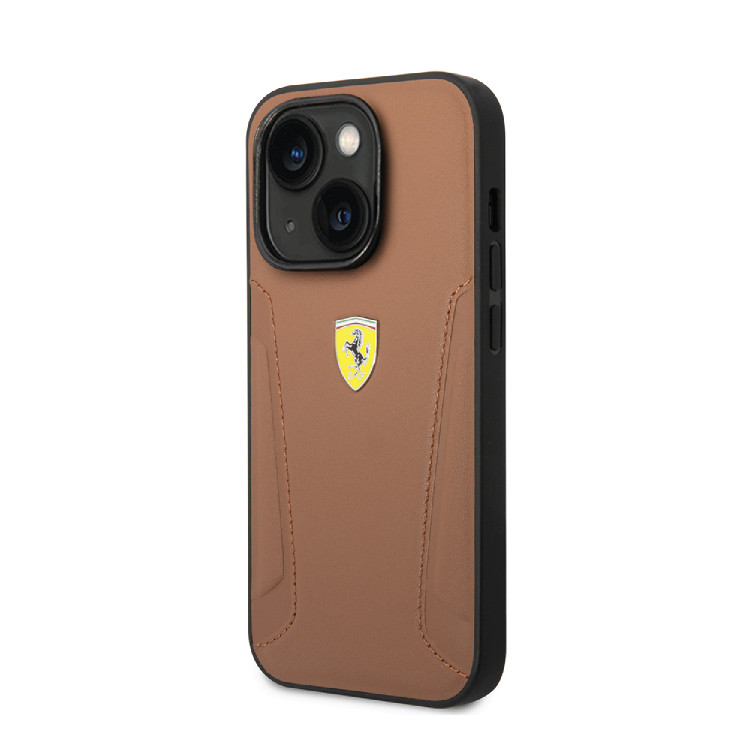 Ferrari Leather Case With Hot Stamped Sides & Yellow Shield Logo For iPhone 14 Plus - Camel