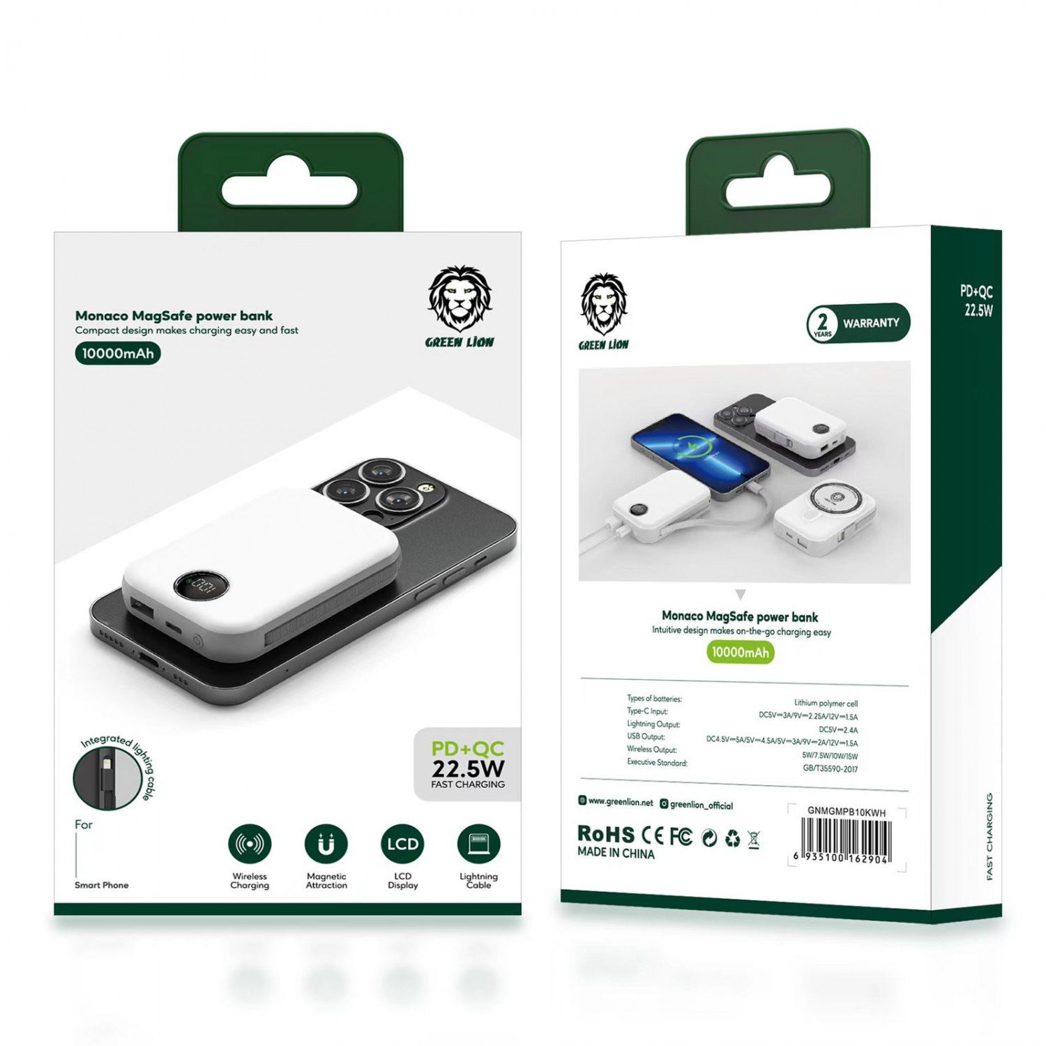 Green Monaco Magsafe Power Bank 10000mAh PD+QC 22.5W - Black
