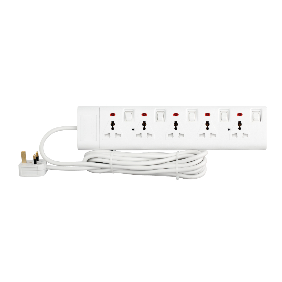 5-Way Universal Power Extension Socket With Individual Switch & Indicator