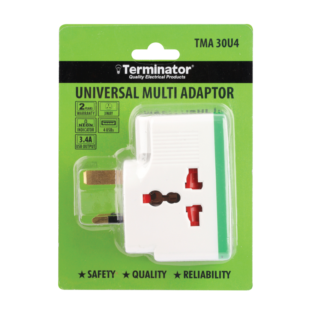 3 Way Universal Multi Adaptor With 4 USB Sockets 3.4A, Indicator & 13A Plug.