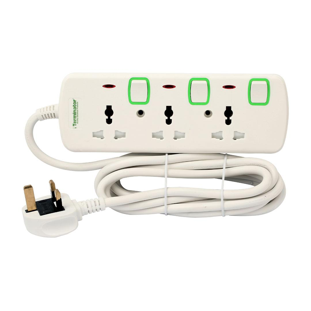 3 Way Universal Power Extension Socket 3M, Individual Switch/Indicator