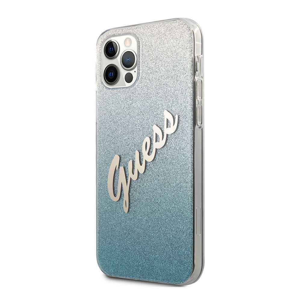 Guess PC/TPU Script Glitter Hard Case for iPhone 12 / 12 Pro (6.1") - Gradient Blue