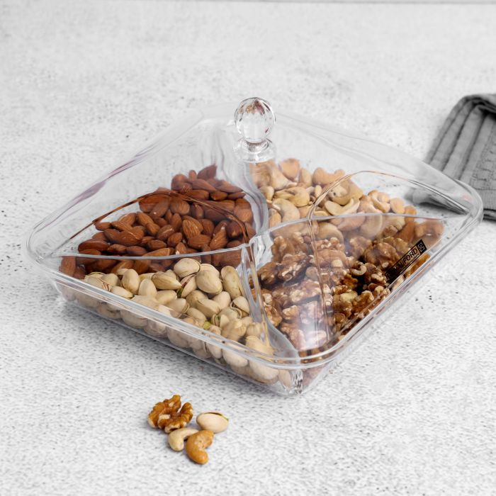 Square Acrylic Candy Tray, 4 Compartment Design, RF10338 | Beautiful Centerpiece With Transparent Lid | Appetizers Food Tray For Dried Fruits, Nuts, Candies, Salad