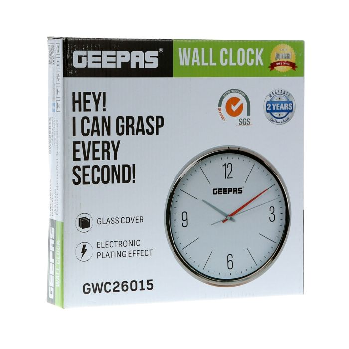 Geepas Wall Clock - Silent Non-Ticking, Arabic Numeral Clock, Round Decorative Wall Clock For Living Room, Bedroom, Kitchen (Battery Not Included) Rosegold Dial | 2 Years Warranty