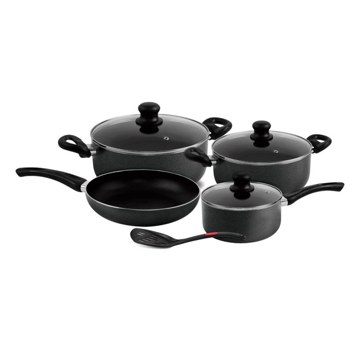 8Pcs Non-Stick Cookware Set, 2.5mm Body Thickness, RF4999 | Scratch Resistant, Tempered Glass Lids | Bakelite Knobs And CD Bottom | Suitable For Multiple Hobs