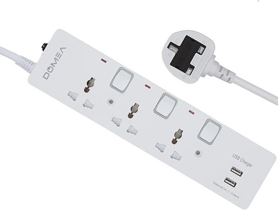 DOMEA Multi Plug Extension With 3 Universal Sockets & 2 USB Ports | Plug Type Adaptor | 3 Meter Copper Cable | Safety Fuse | Individual Switches