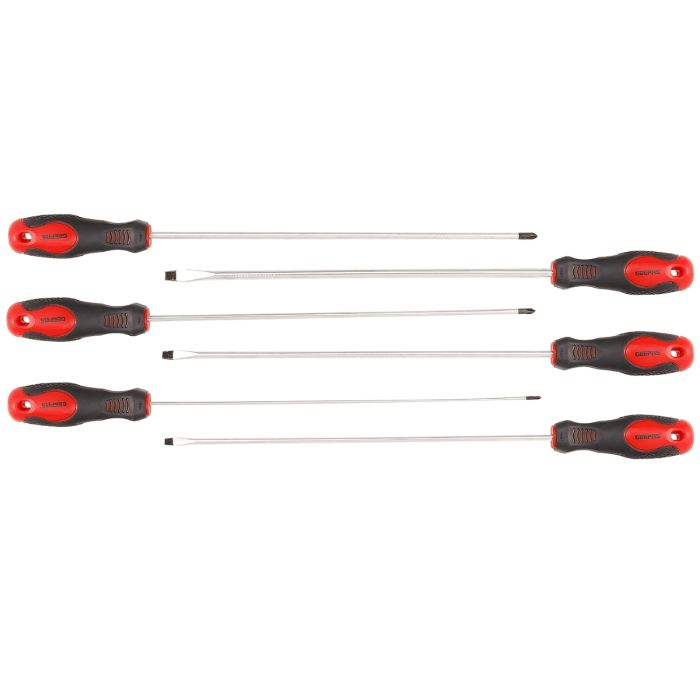 Geepas 6 Extra Long Screwdriver Set - Three Slotted, Three Phillips &Soft Grip Rubber Insulated Handles, - Repair Tool , Long Reach, General Purpose, Soft-Grip & Bi-Colored Red And Black