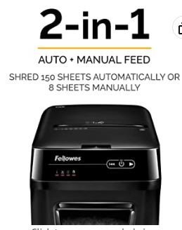 Fellowes AutoMax 150C 150-Sheet Cross-Cut Auto Feed Shredder with Jam Protection for Hands-Free Shredding (4680001), Black