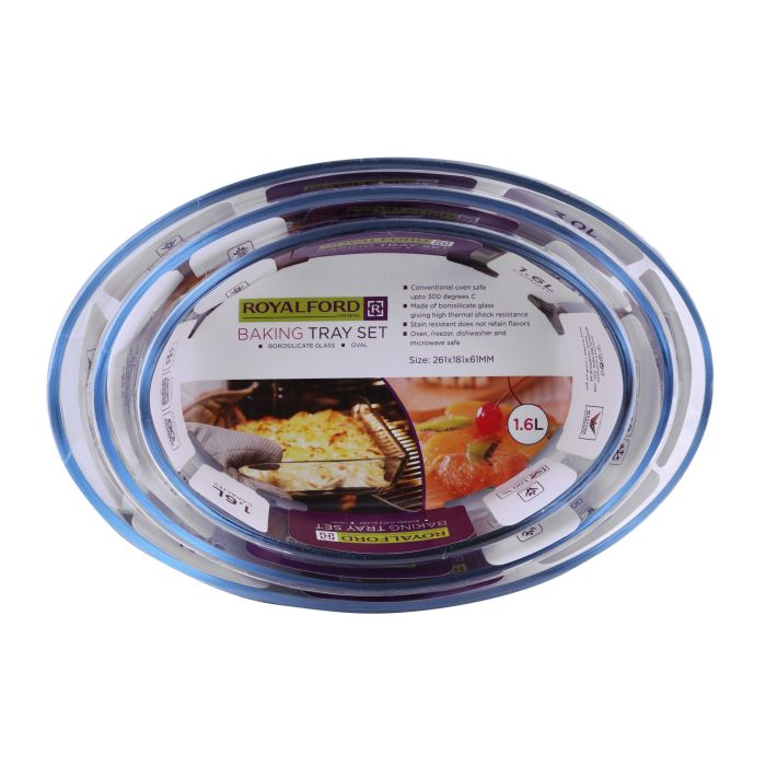 Royalford 3Pcs Oval Glass Baking Tray Set - Roasting & Baking Tray | Oven Safe, Fridge, Dishwasher & Freezer Safe | Durable & Easy Clean | Ideal For Cooking Serving Storing Freezing Roasting