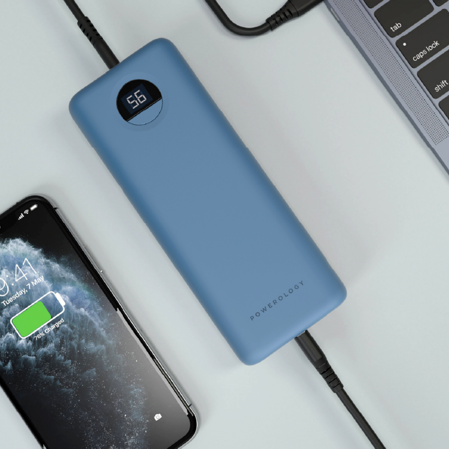 Powerology Quick Charge Power Bank 30000mAh PD 45W with Type-C to Type-C Cable 0.9M - Blue