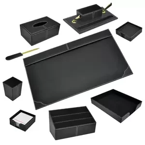 FIS 9 Pieces Executive Desk Set Italian PU, Black Color - FSDS172BK
