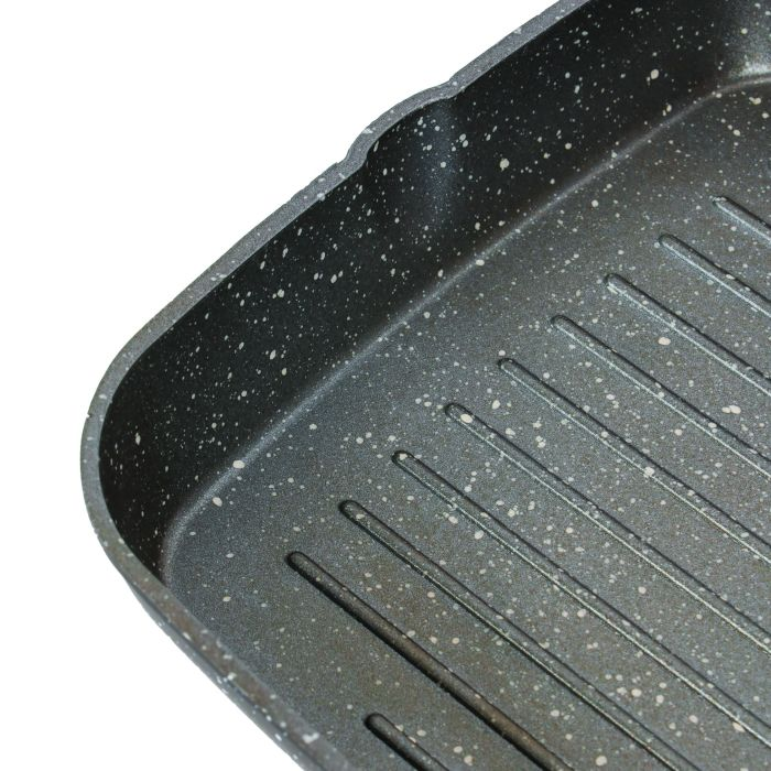 Square Grill Pan, Granite Coated Die-Cast Aluminium, RF10764 | 2 Pouring Spouts | 24cm Non-Stick Cookware Fry Pan | Strong Wood-Finish Bakelite Handle | 4mm Thickness
