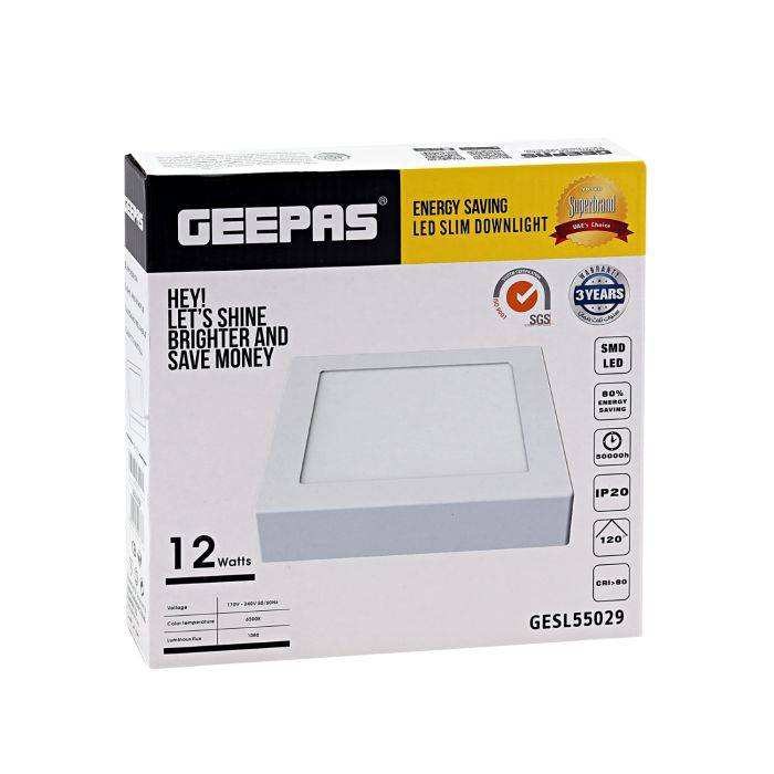 Geepas Square Slim Downlight Led 12W - Downlight Ceiling Light | Natural Cool White 6500K | Long Life 50,000 Burning Hours | Ultra Slim | 3 Years Warranty