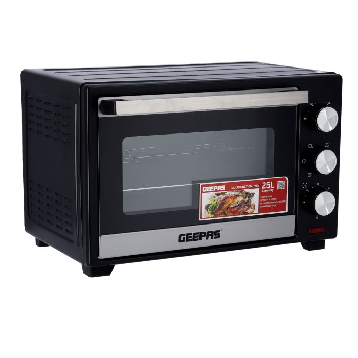 Geepas GO34049 25L Electric Kitchen Oven - Powerful 1600W With Crumb Tray, 60 Minutes Timer & Rotisserie & Convection Function | 6 Selectors For Baking & Grilling | 4 Accessories Included