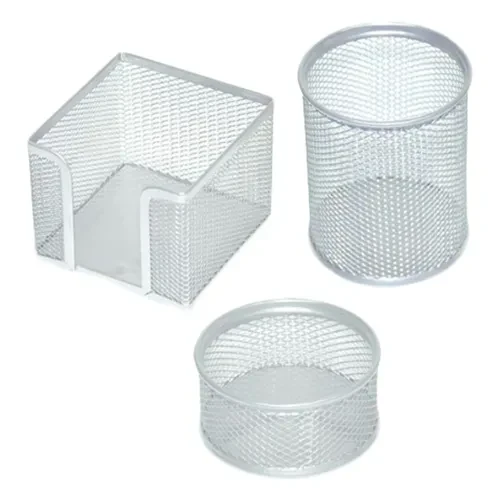 Deluxe Metal Mesh Pen Holder Round Silver