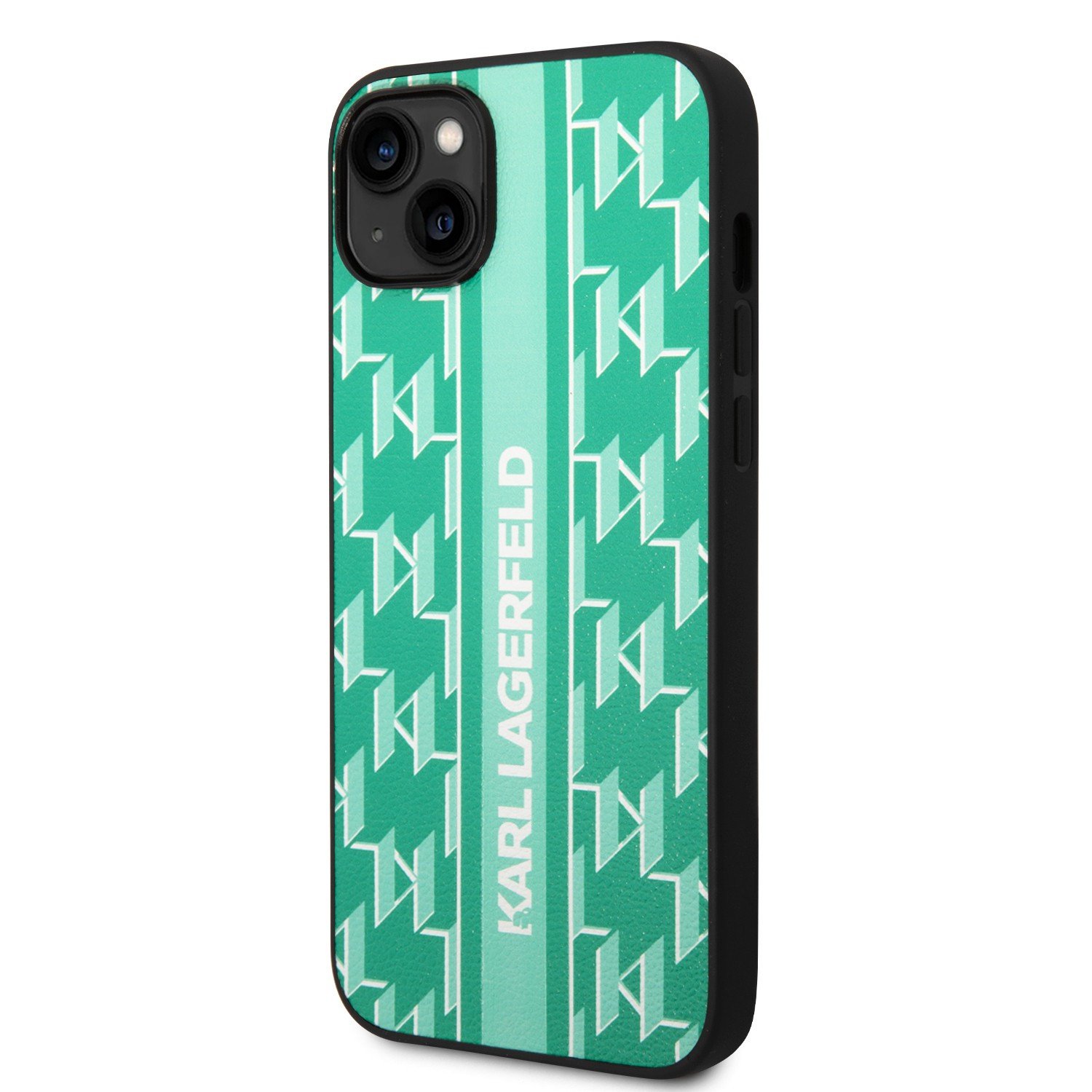 Karl Lagerfeld Grained PU Leather Case With Monogram Pattern & Vertical Logo Stripe For iPhone 14 Plus - Green